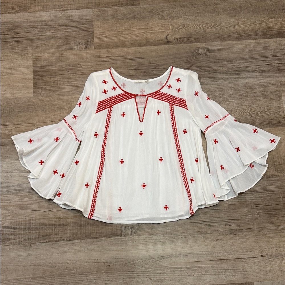 Floreat for Anthropologie Embroidered White and Red Women's Top, Size 0